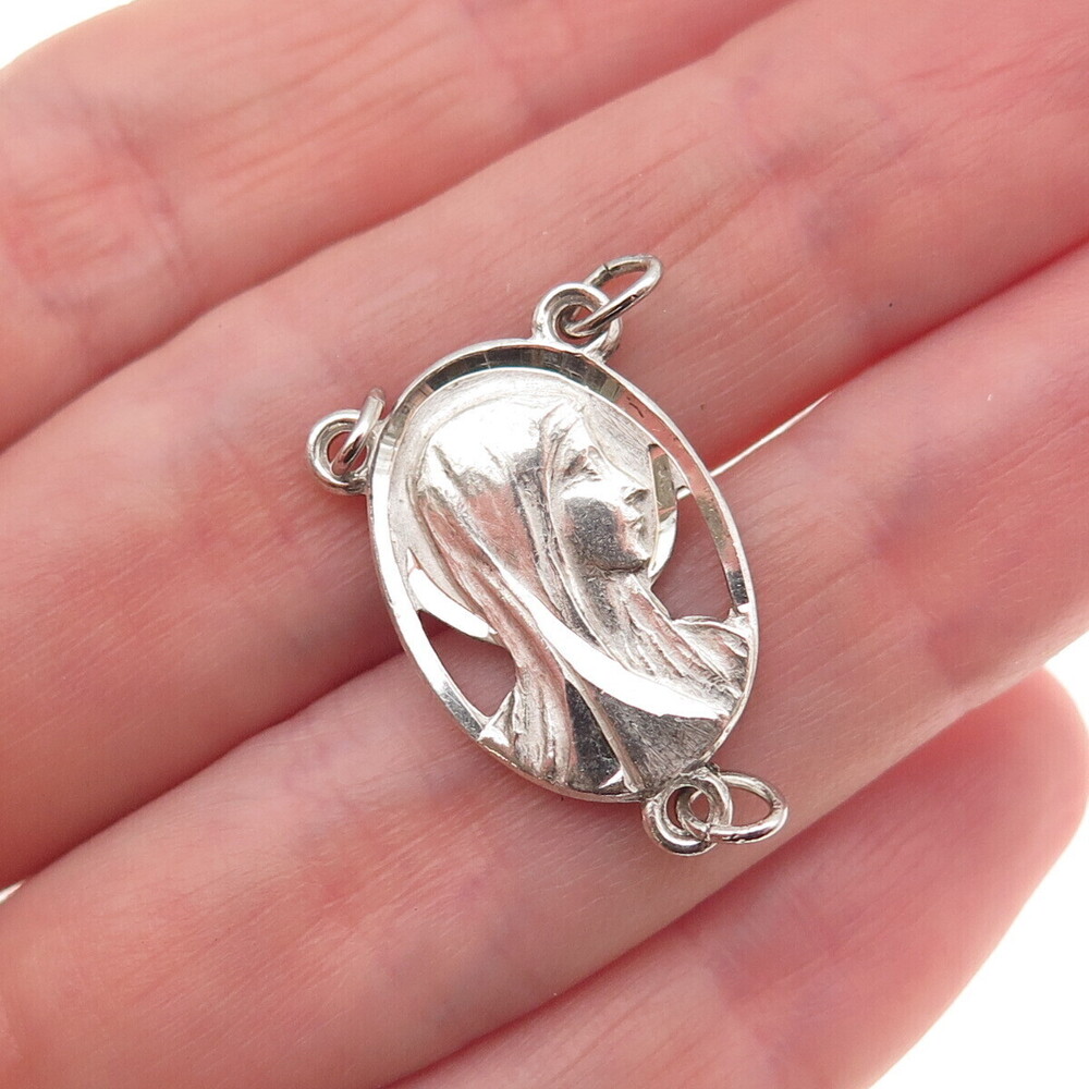 925 Sterling Silver Antique Art Deco St. Mary Rosary Chain Centerpiece Pendant
